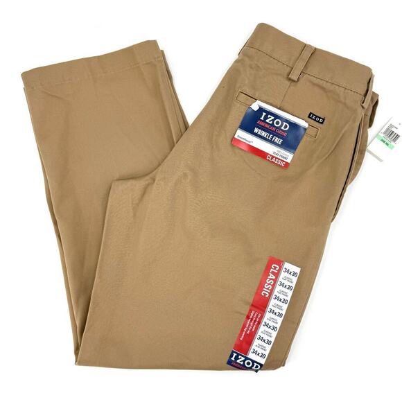 IZOD Classic American Flat Front Cotton Chinos Tan Men’s Size 34 x 30 Workwear - Picture 1 of 9